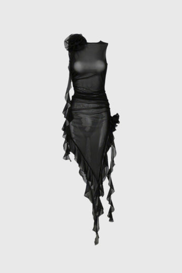 Dress With Transparent Flowers - Black - VESTA