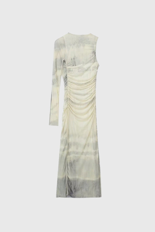 Asymmetrical Printed Tulle One-Sleeve Zip-Back Midi Dress - VESTA